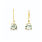 9ct yellow gold green quartz drop earrings with tri cut gemstones and hook fittings