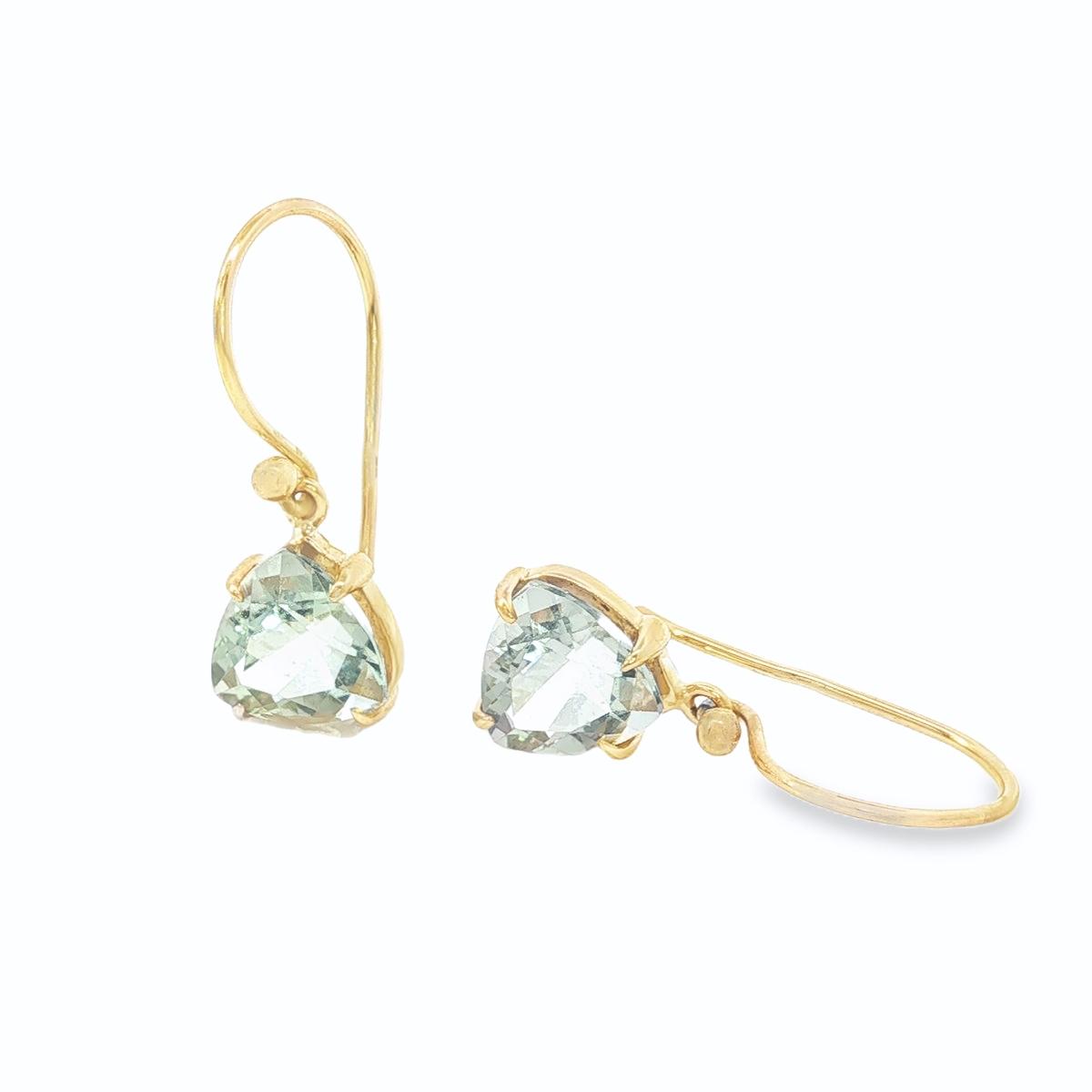 9ct yellow gold green quartz drop earrings with tri cut gemstones and hook fittings