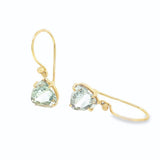 9ct yellow gold green quartz drop earrings with tri cut gemstones and hook fittings