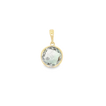9ct yellow gold pendant featuring a 15mm round checkerboard-cut green quartz in a smooth bezel open-back setting with articulated pendant runner.