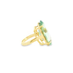 9ct yellow gold ring featuring a large 29 x 18mm oval cut green quartz in a four-claw setting with engraved shoulders.