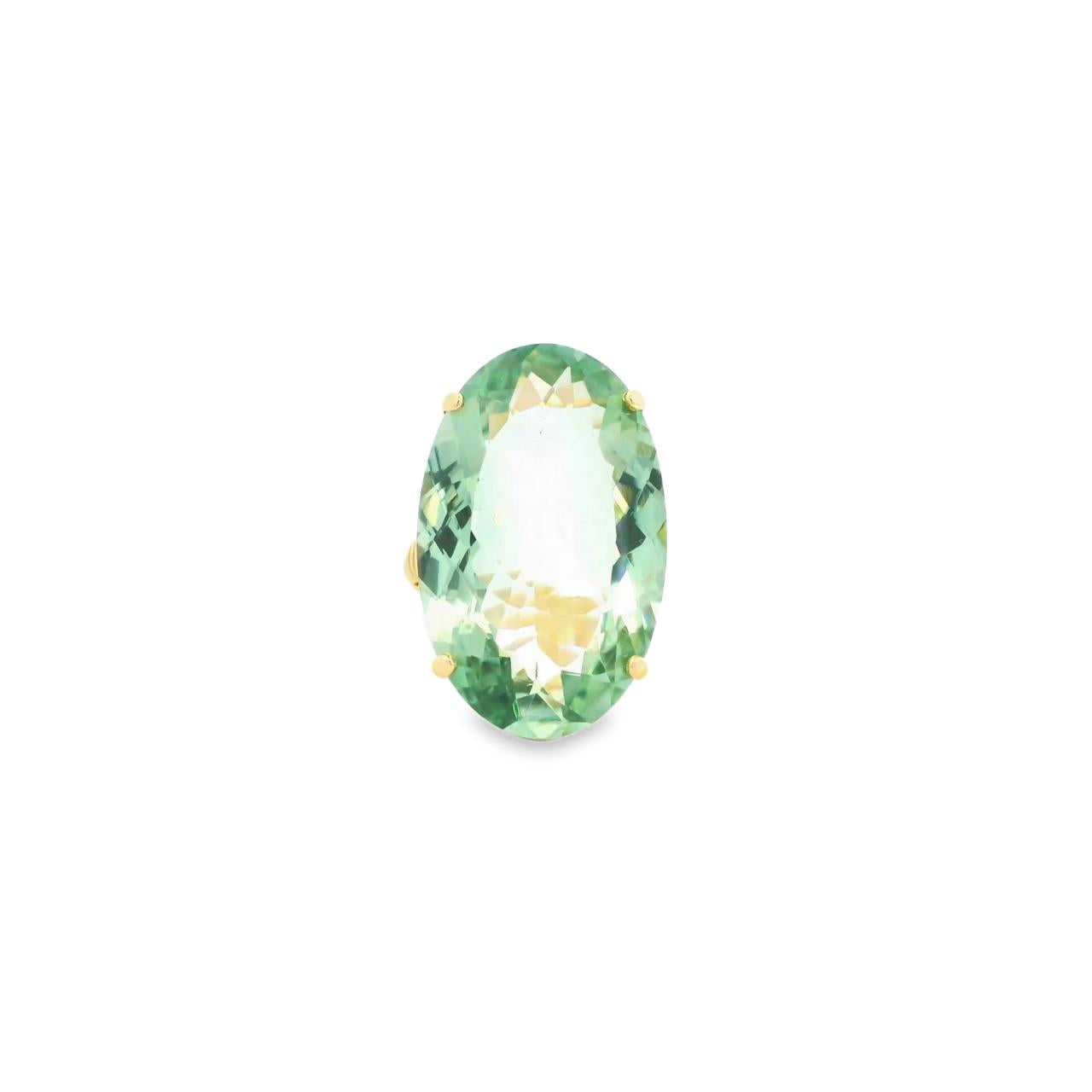 9ct yellow gold ring featuring a large 29 x 18mm oval cut green quartz in a four-claw setting with engraved shoulders.