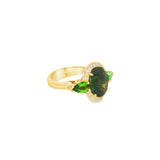 18ct yellow gold ring featuring oval green sapphire, tsavorite garnets, and diamond halo design with intricate undercarriage detail.