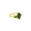 18ct yellow gold ring featuring oval green sapphire, tsavorite garnets, and diamond halo design with intricate undercarriage detail.
