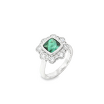 18ct white gold ring featuring a 1.61ct cushion cut green tourmaline with alternating claw and semi-bezel set diamond surround.