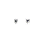 18ct white gold heart-shaped sapphire and diamond cluster stud earrings featuring bezel-set sapphires surrounded by round brilliant cut diamonds, with post and butterfly fittings.