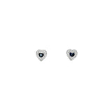 18ct white gold heart-shaped sapphire and diamond cluster stud earrings featuring bezel-set sapphires surrounded by round brilliant cut diamonds, with post and butterfly fittings.