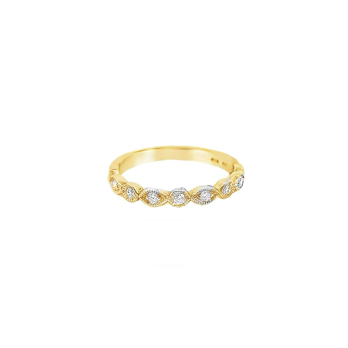9ct yellow gold diamond ring featuring nine round brilliant cut diamonds totalling 0.20ct in alternating hexagonal and marquise bead settings.