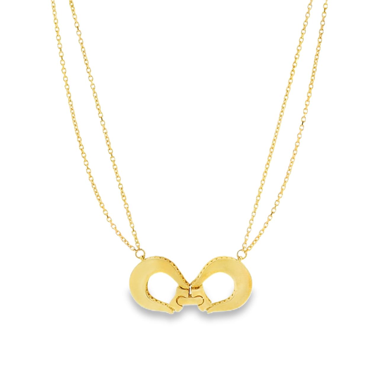 18ct yellow gold necklet featuring a polished interlocking centrepiece on a double trace link chain, elegant modern gold design.