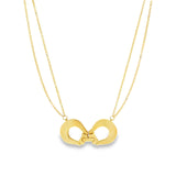 18ct yellow gold necklet featuring a polished interlocking centrepiece on a double trace link chain, elegant modern gold design.