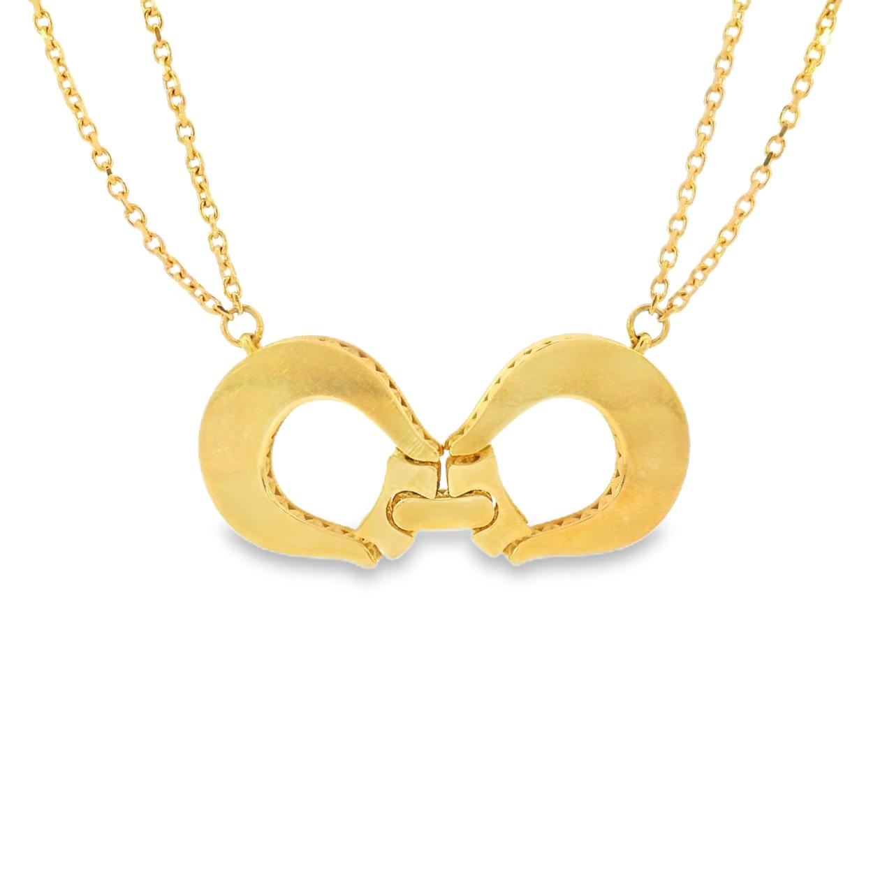 18ct yellow gold necklet featuring a polished interlocking centrepiece on a double trace link chain, elegant modern gold design.