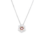 18ct white and rose gold Kimberley Peony pendant featuring one round brilliant cut Argyle pink diamond surrounded by six white diamonds, set on a fine belcher chain with a concealed runner.