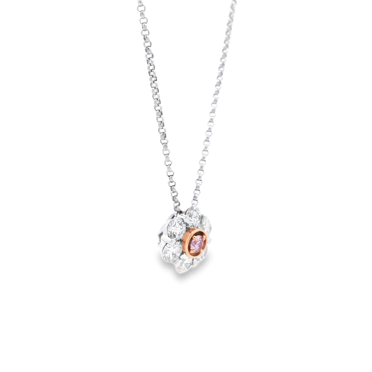 18ct white and rose gold Kimberley Peony pendant featuring one round brilliant cut Argyle pink diamond surrounded by six white diamonds, set on a fine belcher chain with a concealed runner.