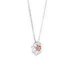 18ct white and rose gold Kimberley Peony pendant featuring one round brilliant cut Argyle pink diamond surrounded by six white diamonds, set on a fine belcher chain with a concealed runner.