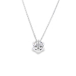 18ct white and rose gold Kimberley Peony pendant featuring one round brilliant cut Argyle pink diamond surrounded by six white diamonds, set on a fine belcher chain with a concealed runner.