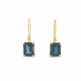 9ct yellow gold London Blue topaz drop earrings with emerald cut blue gemstones and hook fittings