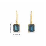 9ct yellow gold London Blue topaz drop earrings with emerald cut blue gemstones and hook fittings