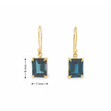 9ct yellow gold London Blue topaz drop earrings with emerald cut blue gemstones and hook fittings