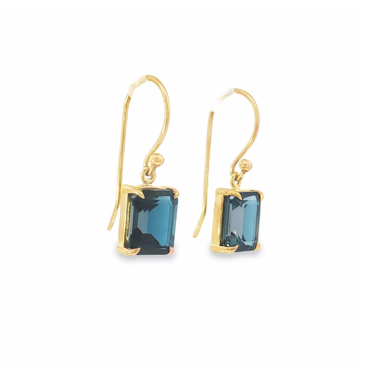 9ct yellow gold London Blue topaz drop earrings with emerald cut blue gemstones and hook fittings