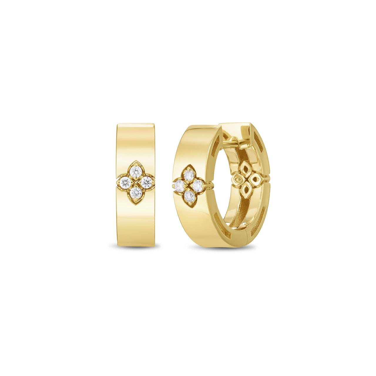 Roberto Coin Love In Verona 18ct yellow gold diamond huggie earrings featuring flower motif and hidden rubies.