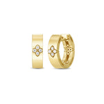 Roberto Coin Love In Verona 18ct yellow gold diamond huggie earrings featuring flower motif and hidden rubies.