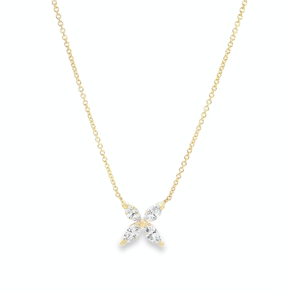 18ct yellow gold diamond necklace with marquise cut diamonds arranged in a star cluster