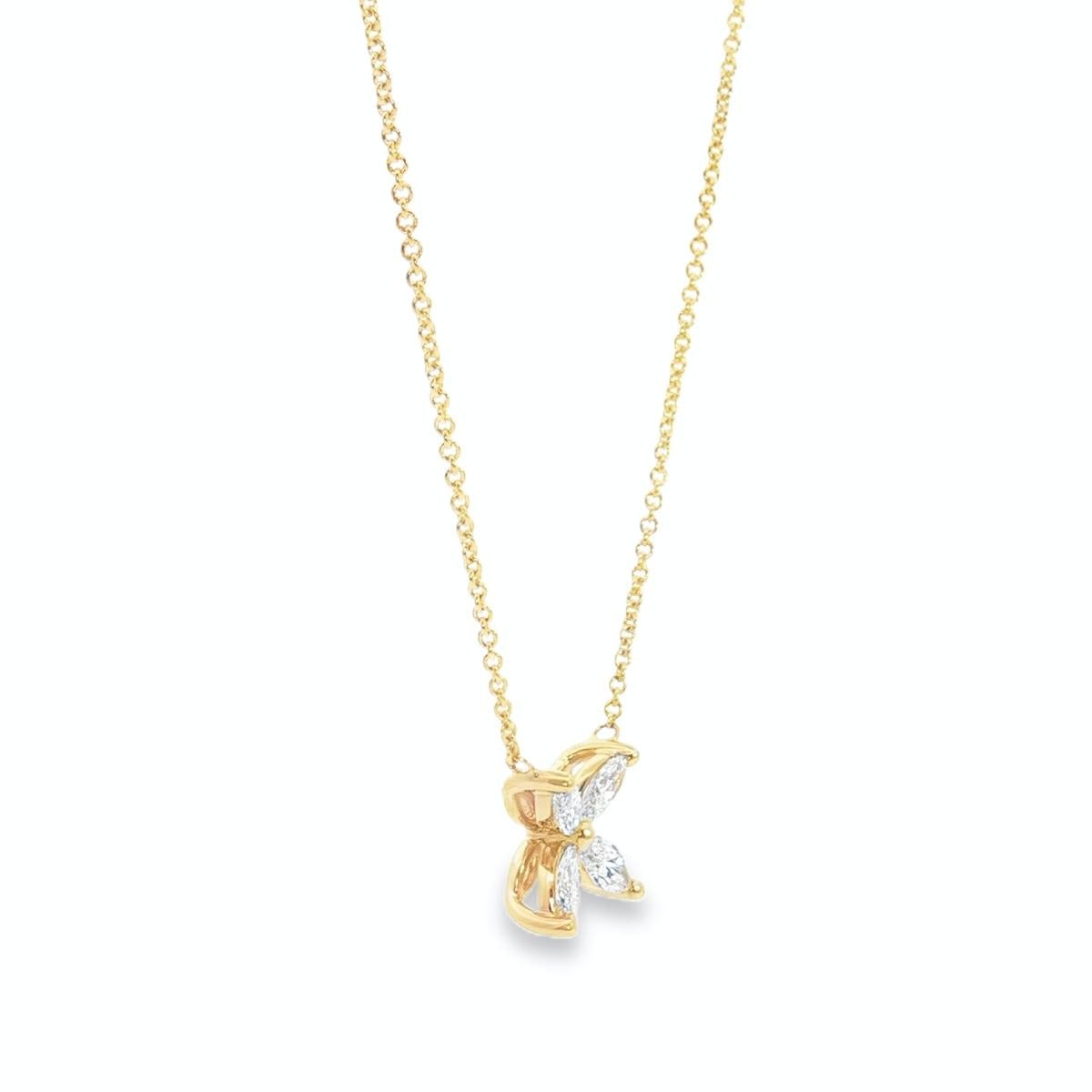 18ct yellow gold diamond necklace with marquise cut diamonds arranged in a star cluster