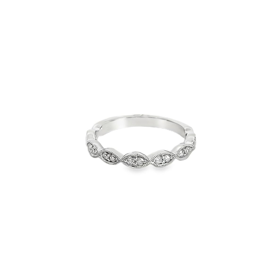 18ct white gold ring featuring fourteen round brilliant cut diamonds totalling 0.17ct in marquise-shaped settings across the top.