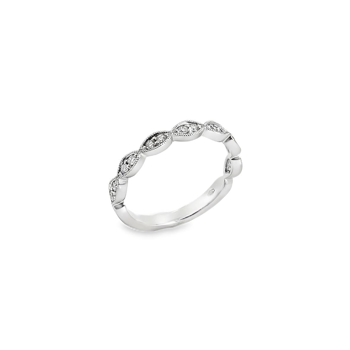 18ct white gold ring featuring fourteen round brilliant cut diamonds totalling 0.17ct in marquise-shaped settings across the top.