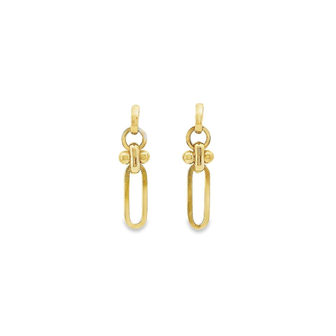 18ct yellow gold drop earrings featuring a rounded D-shaped top, double-ball connector, and matte oval drop with post and butterfly fittings.