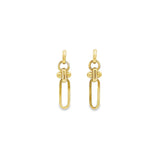 18ct yellow gold drop earrings featuring a rounded D-shaped top, double-ball connector, and matte oval drop with post and butterfly fittings.