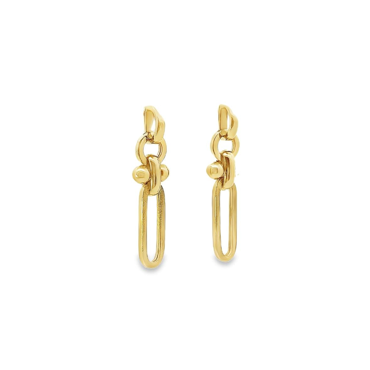 18ct yellow gold drop earrings featuring a rounded D-shaped top, double-ball connector, and matte oval drop with post and butterfly fittings.