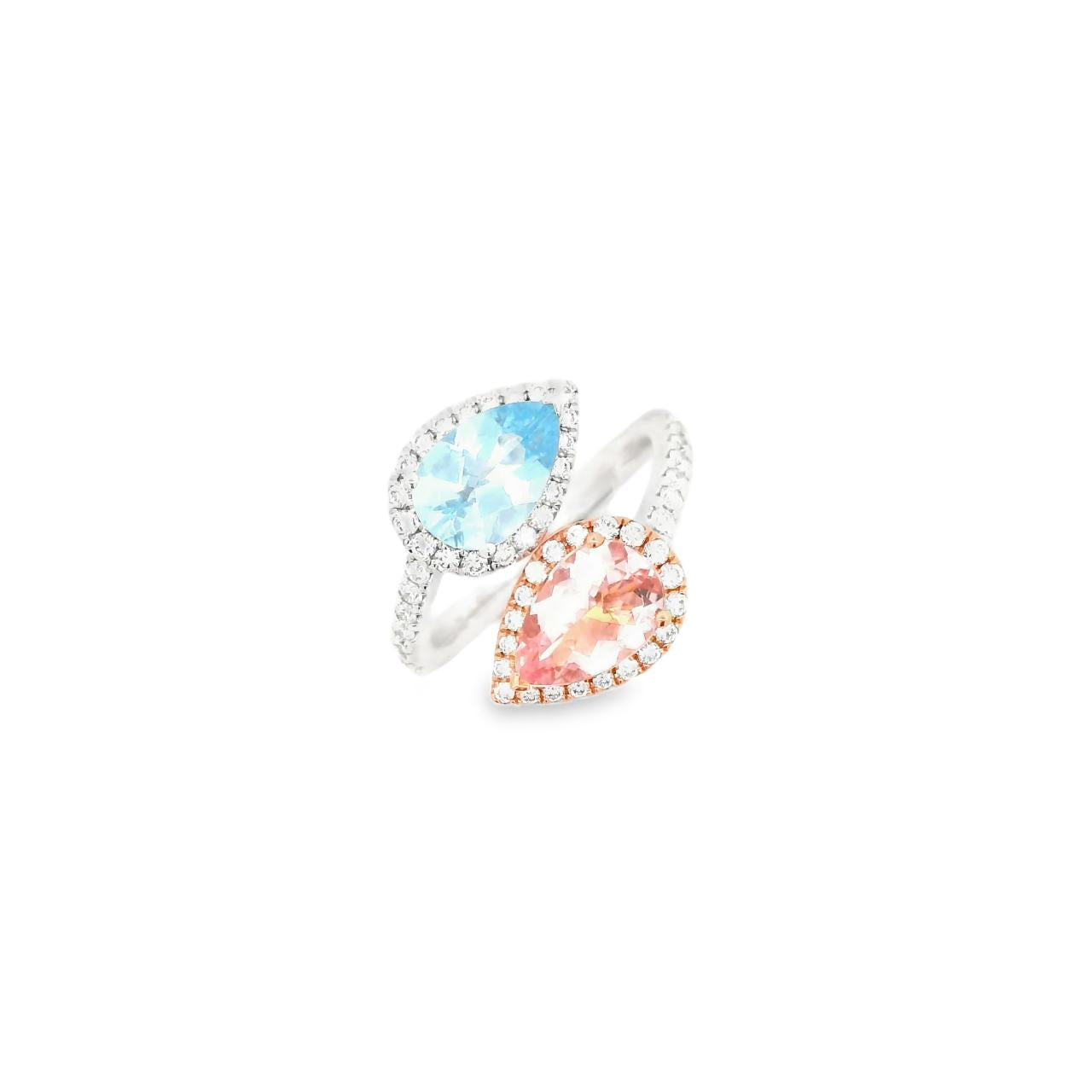 18ct white and rose gold ring featuring a cross-over design with pear-cut morganite and aquamarine gemstones surrounded by diamond halos and claw-set diamond shoulders.