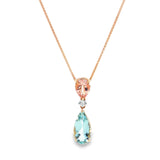 18ct rose and white gold pendant featuring pear-cut morganite and aquamarine with a central diamond accent and concealed pendant runner.