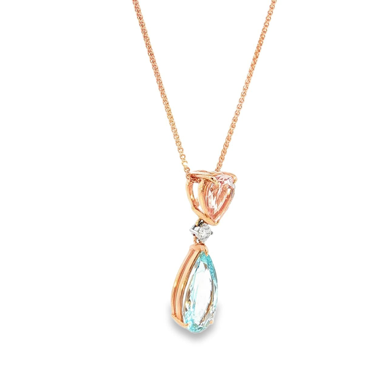 18ct rose and white gold pendant featuring pear-cut morganite and aquamarine with a central diamond accent and concealed pendant runner.