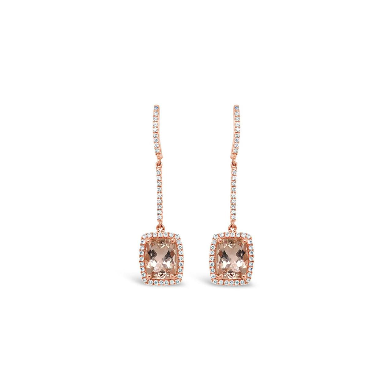 18ct rose gold morganite and diamond drop earrings featuring cushion cut morganites with diamond halos and continental clasps.