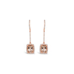 18ct rose gold morganite and diamond drop earrings featuring cushion cut morganites with diamond halos and continental clasps.