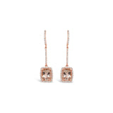 18ct rose gold morganite and diamond drop earrings featuring cushion cut morganites with diamond halos and continental clasps.