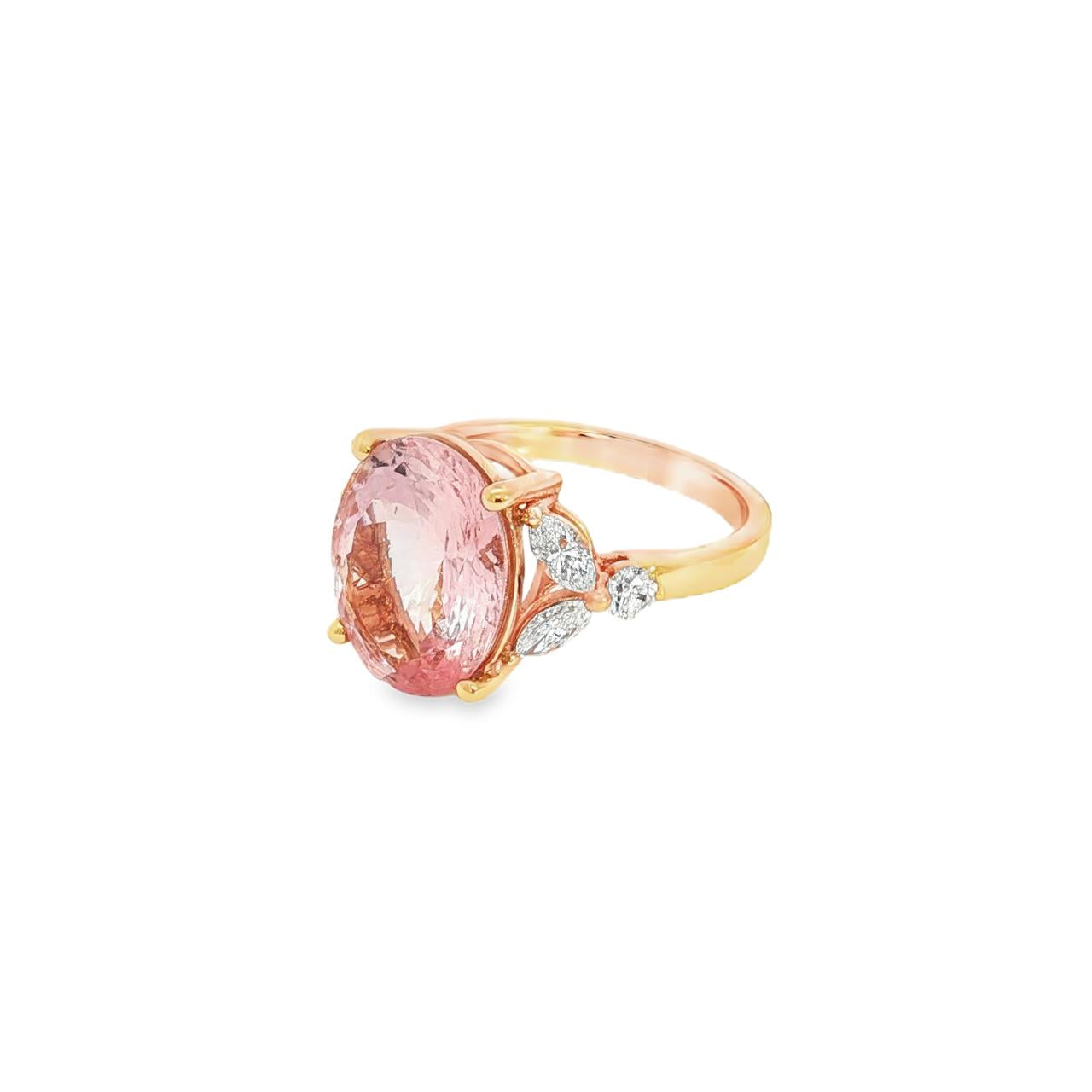 18ct rose gold ring featuring a 5.12ct oval morganite in a four-claw setting with marquise and round diamond accents and a post and bezel undercarriage.