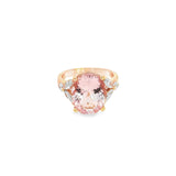 18ct rose gold ring featuring a 5.12ct oval morganite in a four-claw setting with marquise and round diamond accents and a post and bezel undercarriage.