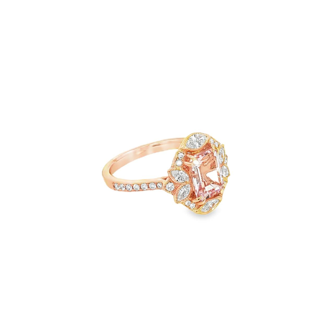 18ct rose gold ring featuring a 1.21ct emerald-cut morganite with marquise and round diamond accents and bead-set diamond shoulders.