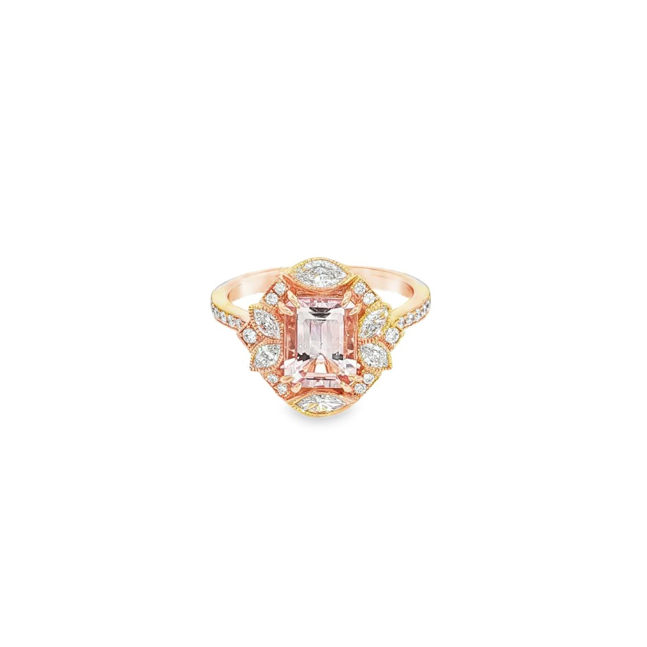 18ct rose gold ring featuring a 1.21ct emerald-cut morganite with marquise and round diamond accents and bead-set diamond shoulders.