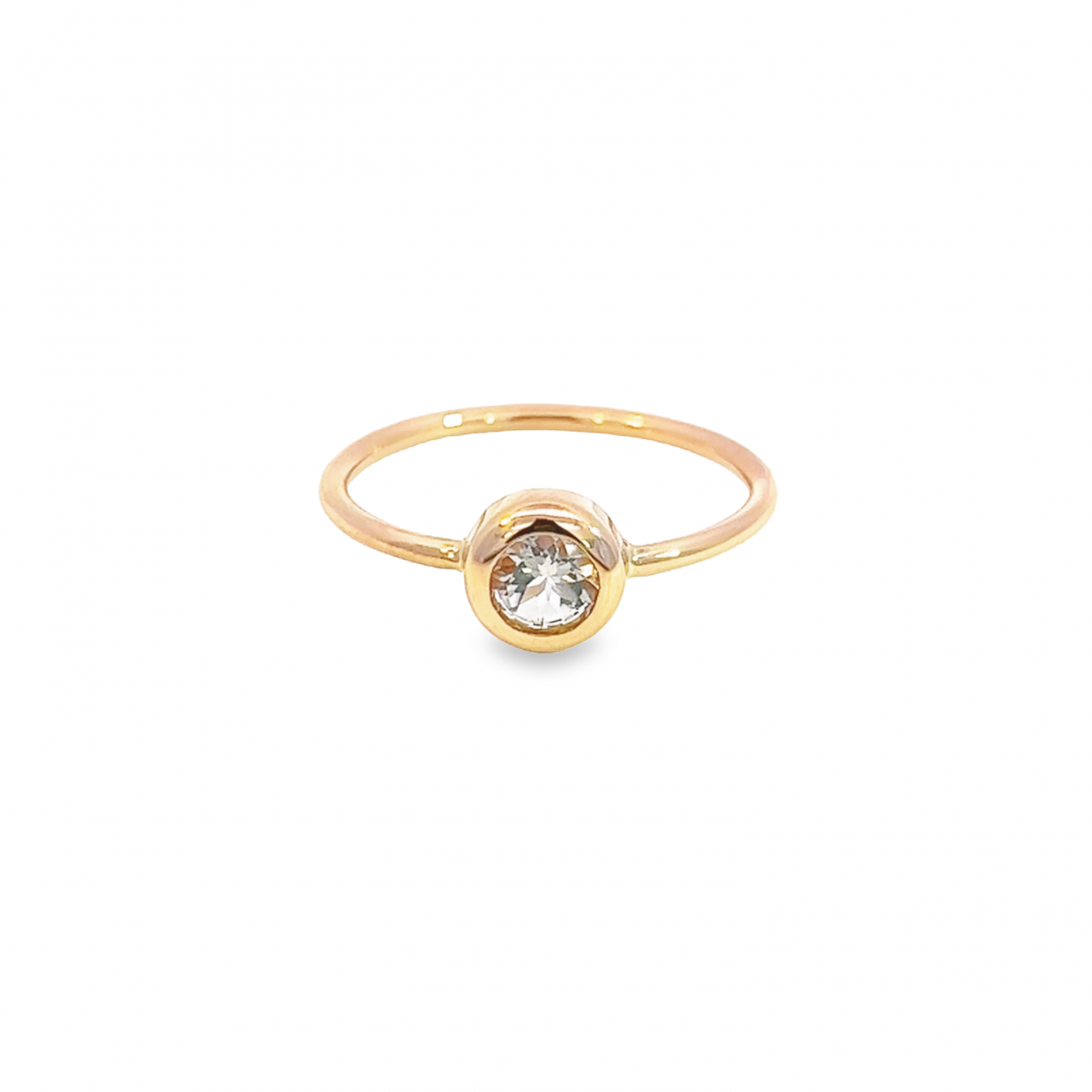9ct rose gold ring featuring a 5mm round morganite in a plain polished bezel setting.
