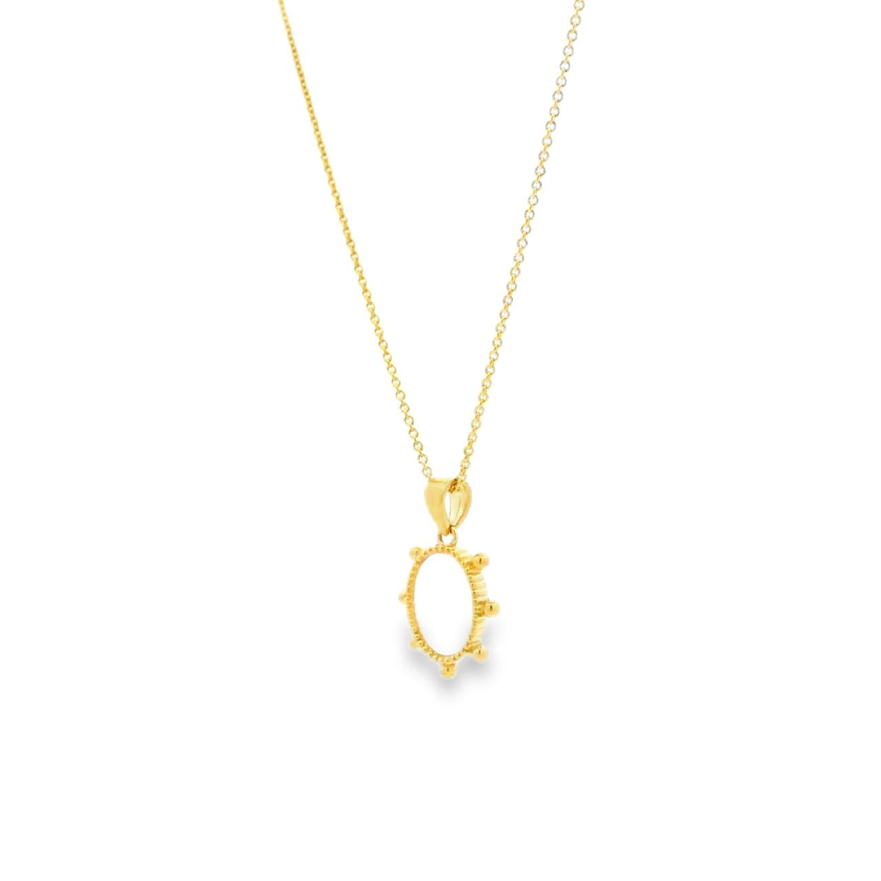 9ct yellow gold pendant featuring an oval mother of pearl drop with beaded surround and articulated pendant runner.