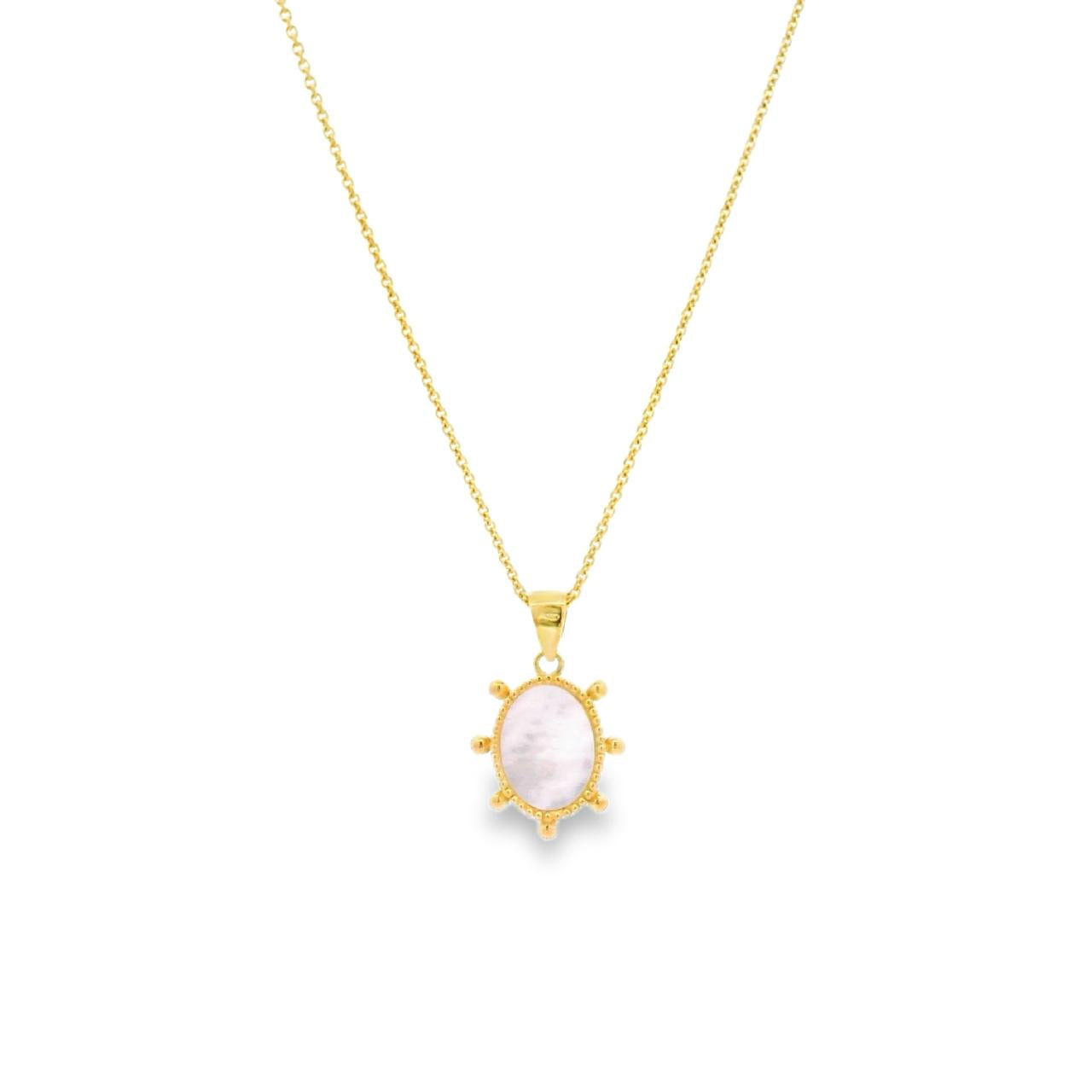 9ct yellow gold pendant featuring an oval mother of pearl drop with beaded surround and articulated pendant runner.