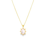 9ct yellow gold pendant featuring an oval mother of pearl drop with beaded surround and articulated pendant runner.
