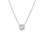 18ct white gold necklet featuring a horizontal octagonal cluster pendant with one emerald cut and eight tapered baguette cut diamonds on a 42cm fine cable link chain.
