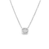 18ct white gold necklet featuring a horizontal octagonal cluster pendant with one emerald cut and eight tapered baguette cut diamonds on a 42cm fine cable link chain.