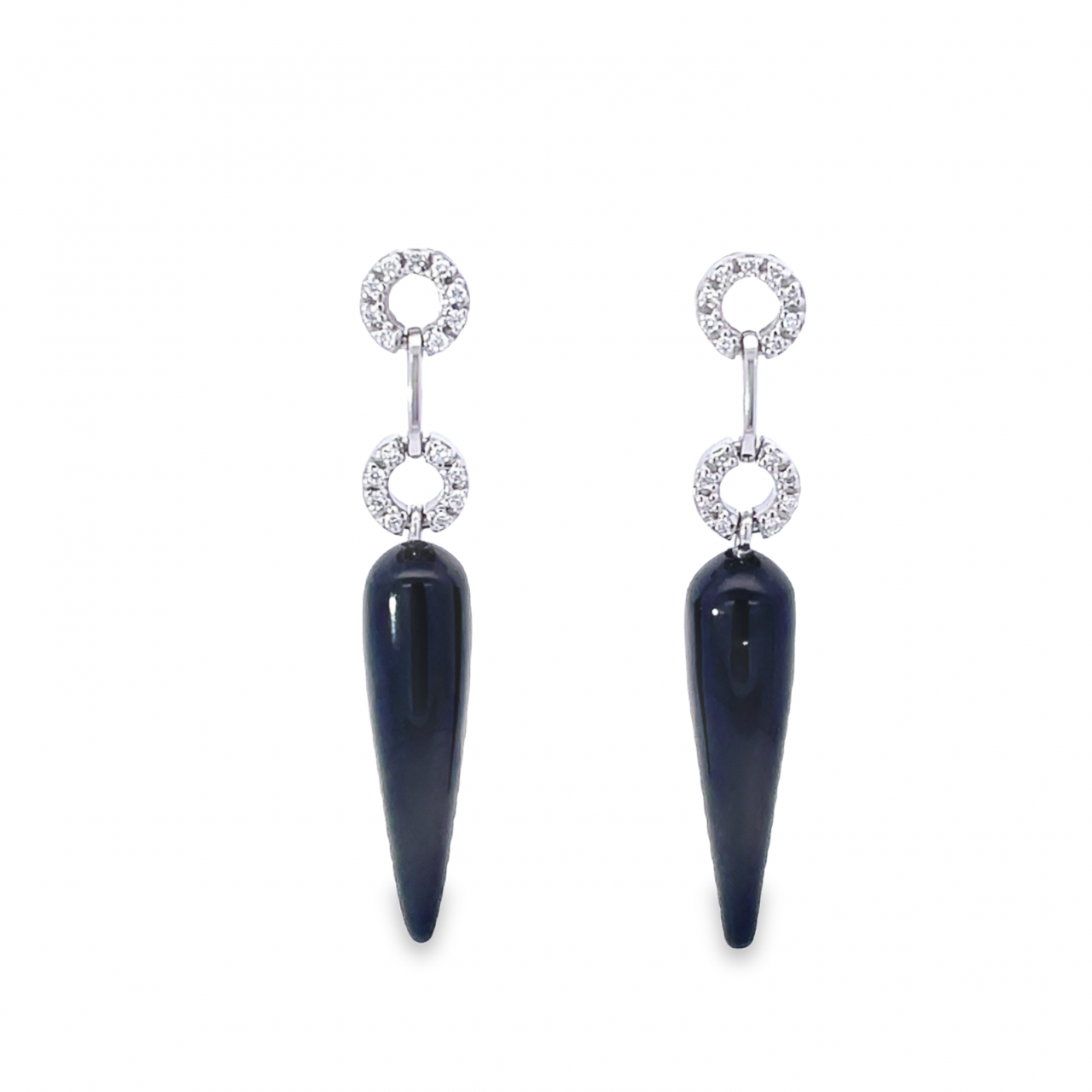 9ct white gold drop earrings featuring diamond-set circular motifs with articulated tapered onyx drops and stud fittings.