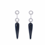 9ct white gold drop earrings featuring diamond-set circular motifs with articulated tapered onyx drops and stud fittings.